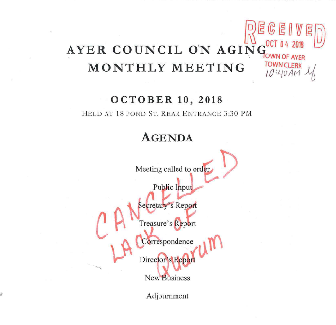 COA Monthly Meeting Cancelled 10-10-18