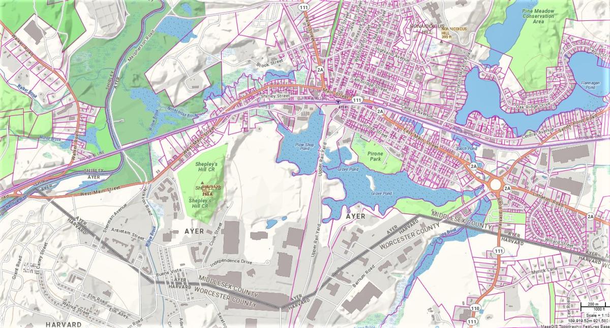 Devens MassGIS Map showing Ayer Town Line &amp; County Line