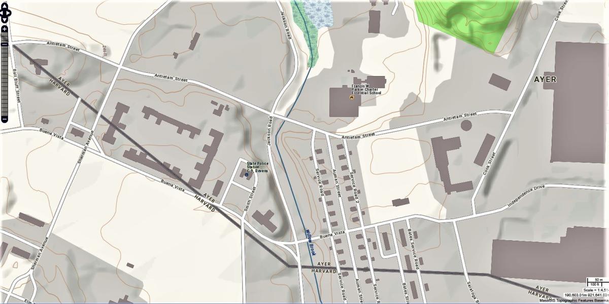 Devens MassGIS Map showing Ayer Town Line &amp; County Line at Vicksburg Sq. &amp; Auman Street Neighborhood