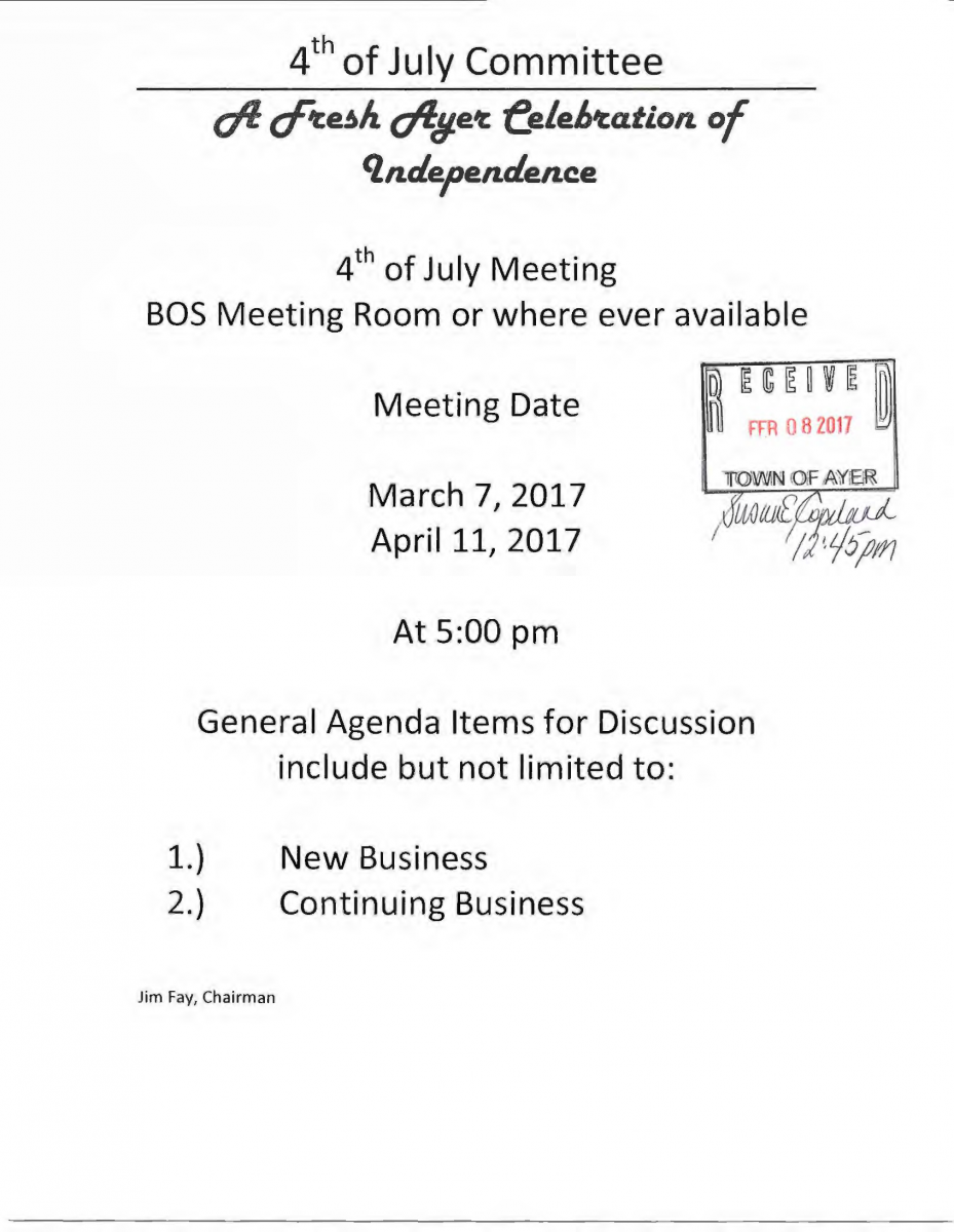 Fourth of July Committee Agenda