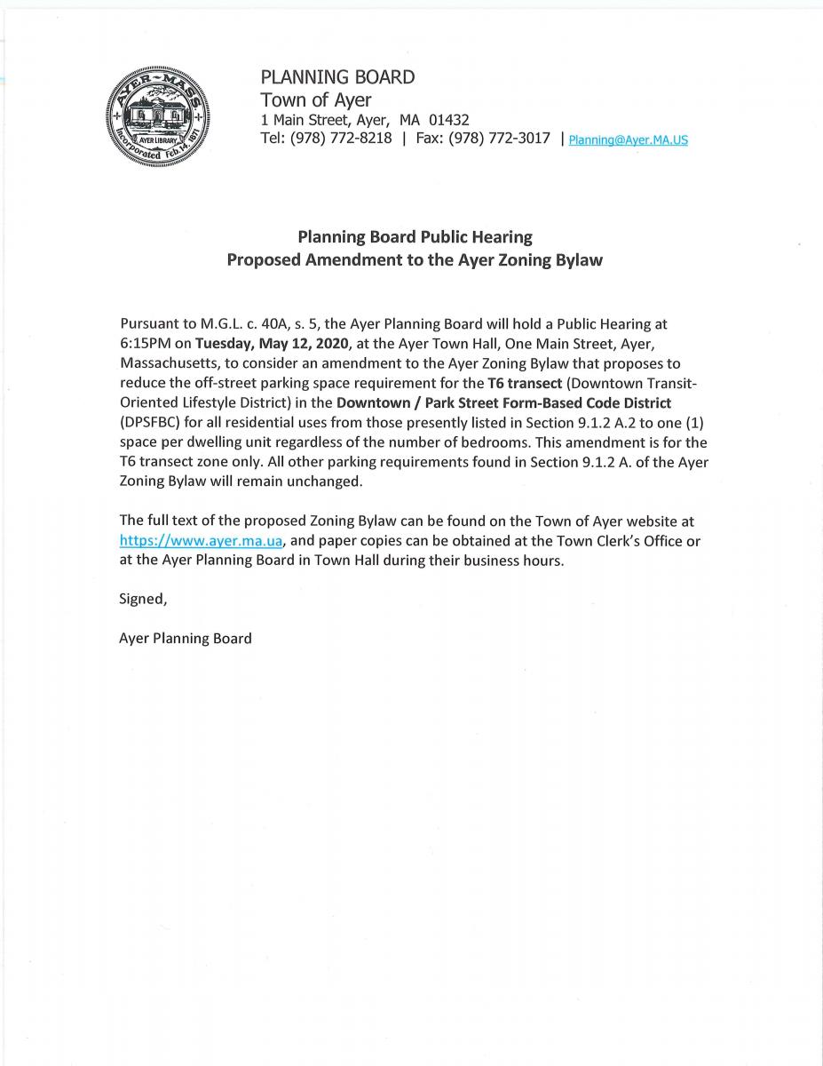 Planning Board Public Hearing Notice