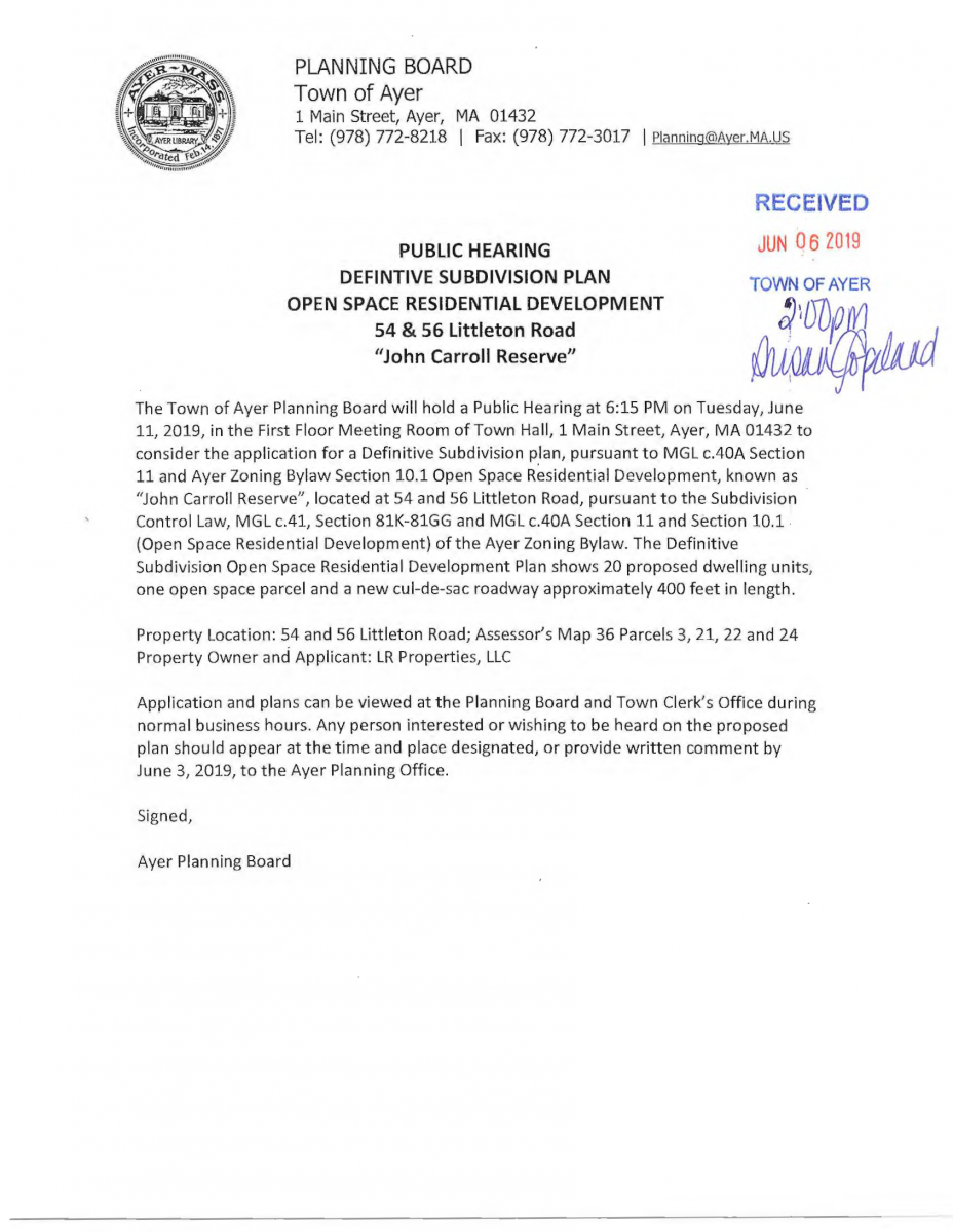 Planning Board Public Hearing Tuesday June 11 2019 615pm