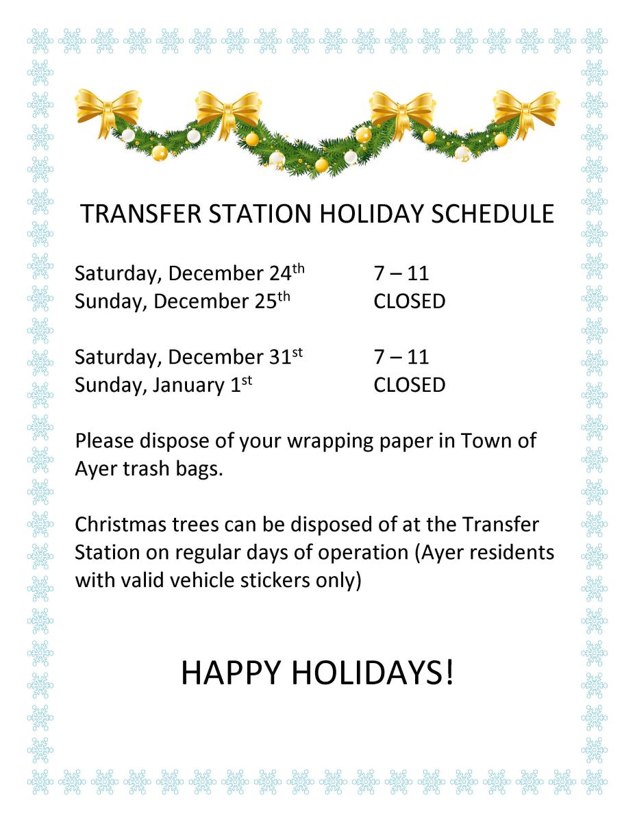 2022 Transfer Station Holiday Schedule