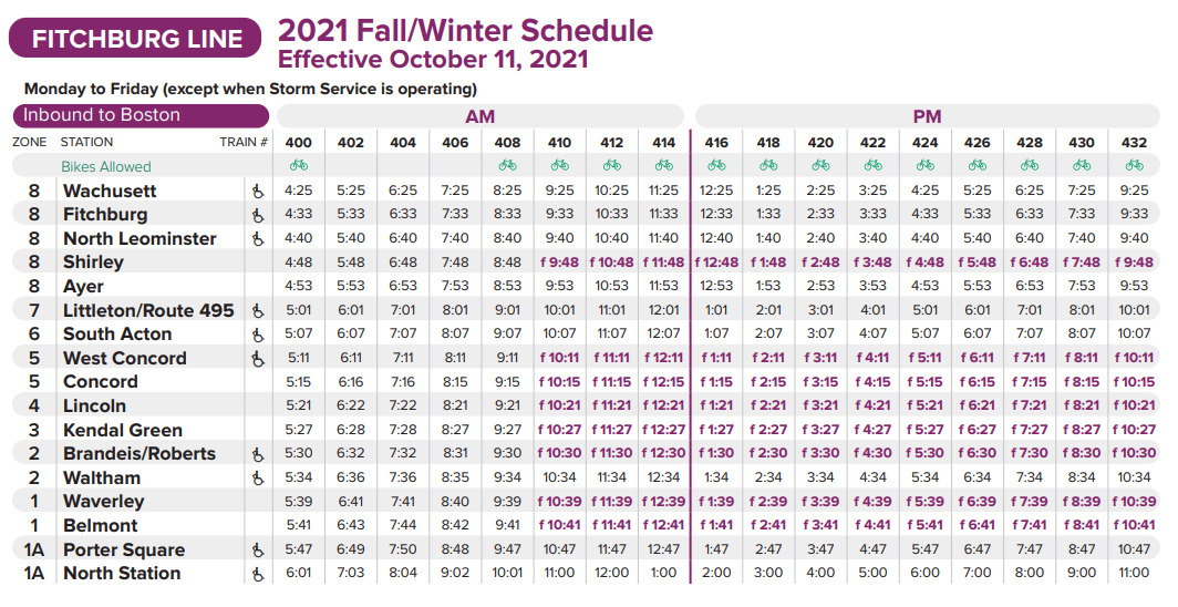 Fall &amp; Winter 2021 MBTA Fitchburg Line Schedule Inbound 