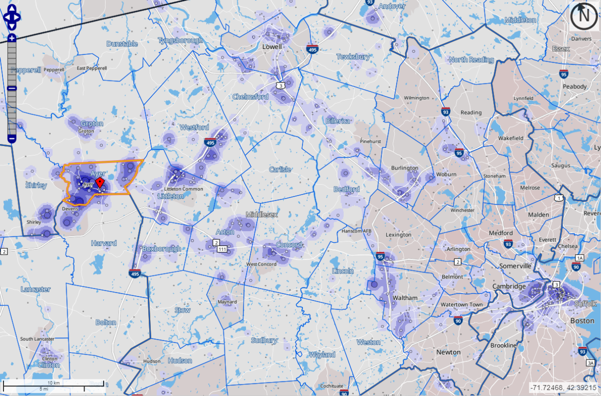 Where Ayer Residents Commute Daily to Work Thermal Map