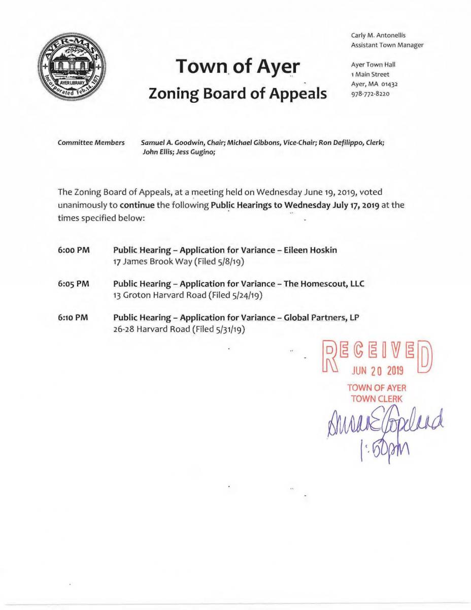ZBA Public Hearings continued to July 17 2019