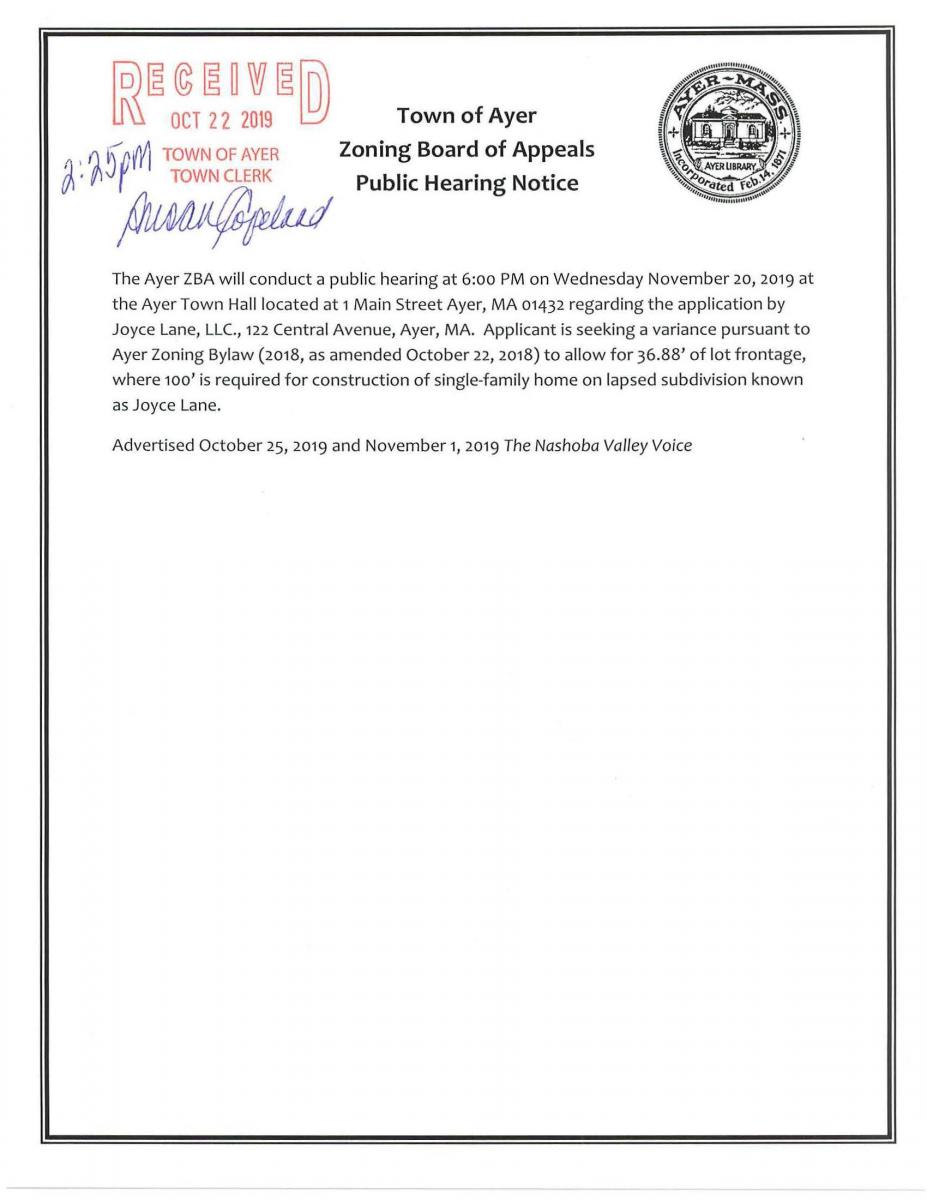 ZBA Public Hearing Notice