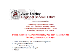 Policy Sub-Committee Meeting has been rescheduled to January 25 due to inclement weather