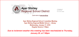 School Committee Meeting has been rescheduled to January 25 due to inclement weather