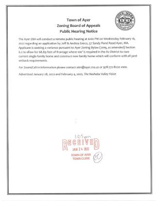 ZBA Public Hearing Notice - 37 Sandy Pond Road - February 16, 2022 6pm